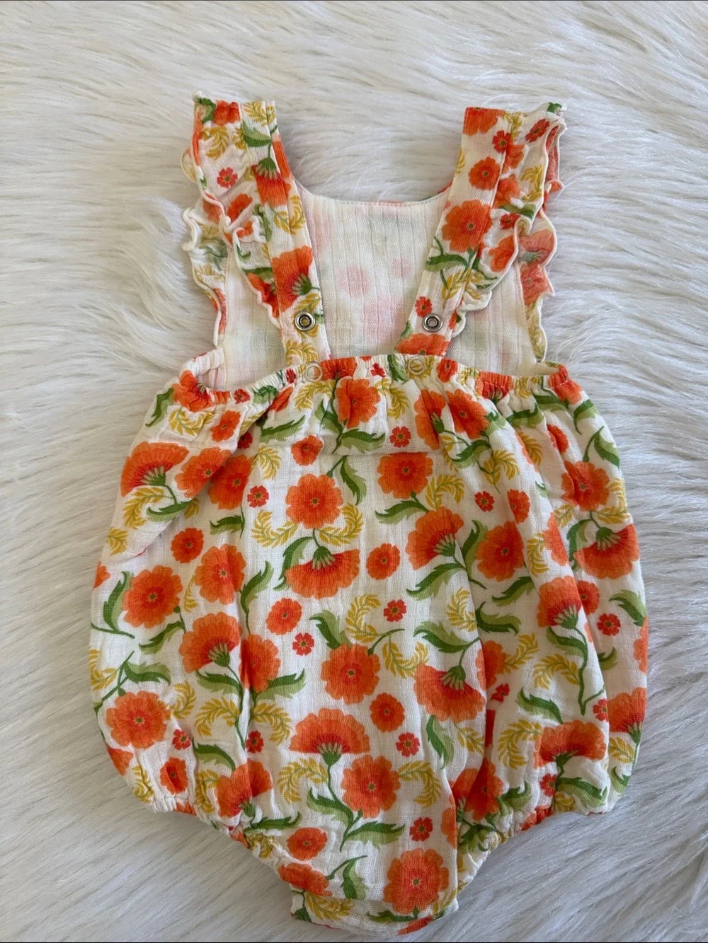 Angel Dear Muslin Orange Marigold Ruffle Sun Bubble Baby Romper Size 6-12 Month